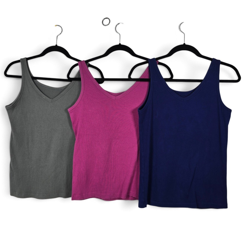 Uniqlo Tank Top Womens Large Ribbed Grey Pink Blue V-Neck Cotton Stretch 3 Pack